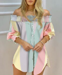 Striped Print Off Shoulder Ruched Button Design Casual Top