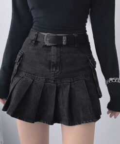 Punk Style Mini Pleated Denim Skirt