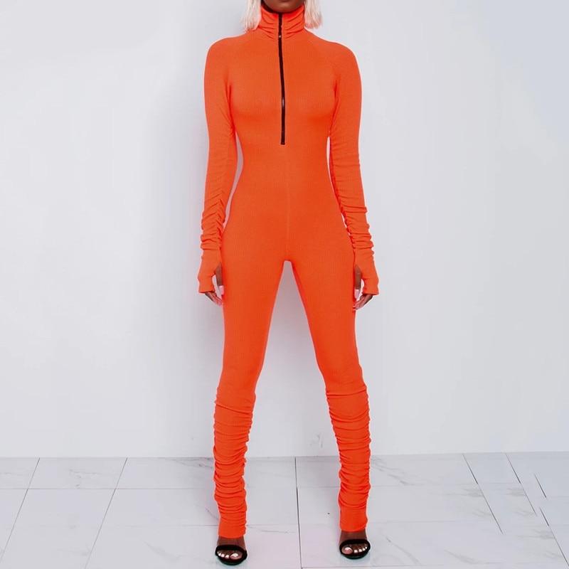 Skinny Casual Turtleneck Long Sleeve Jumpsuit for Women with Front Zipper