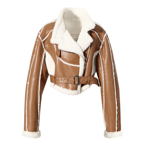 Women's Short Crop Cotton Leather Fur Jacket
