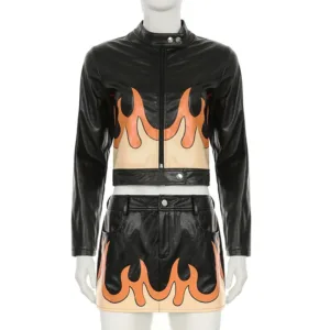 2 Piece PU Leather Jacket & Skirt Set